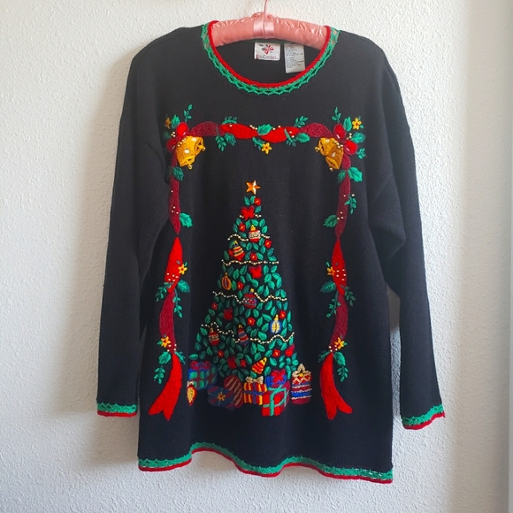 Nut Cracker Cotton Blend Holiday Tree Embroidery Ugly Sweater Top Women - Picture 1 of 14